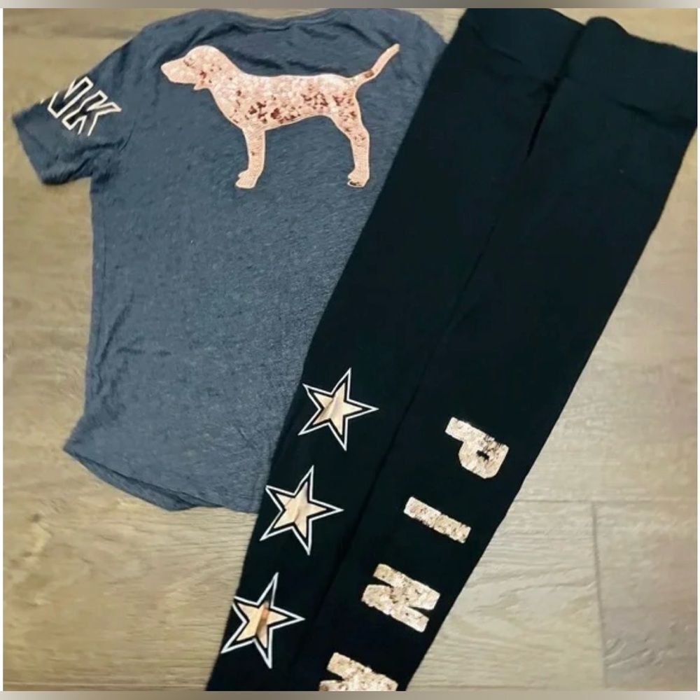 PINK Victoria's Secret bling dog tshirt/leggings outfit set S/M